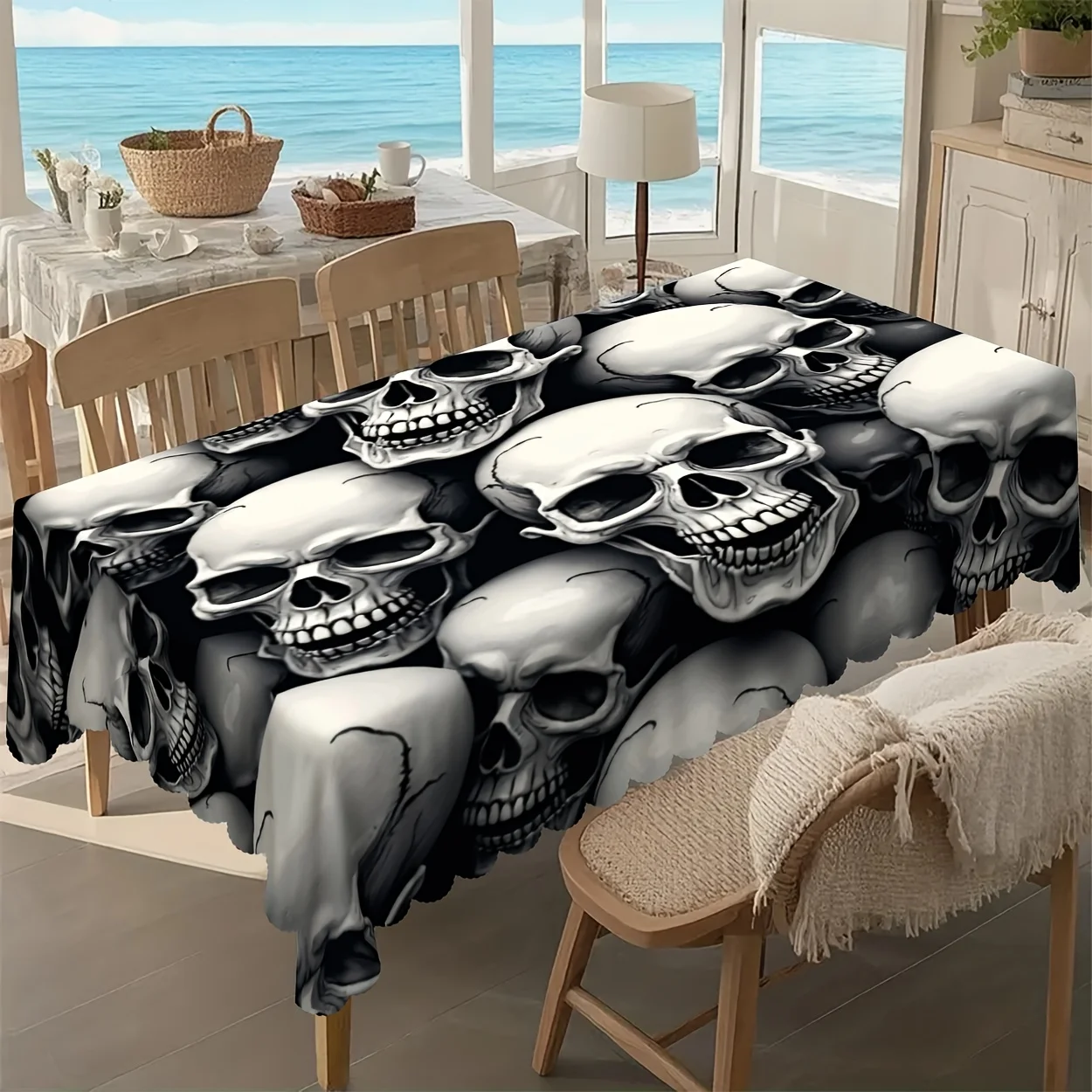 One-piece polyester material, printed tablecloth featuring a scene of a pile of skeletons in a terrifying formation