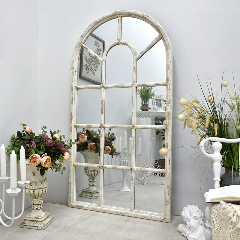 Wind retro old wooden frame floor mirror, arc arched false window full body mirror wall-mounted mirror