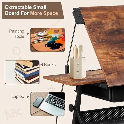 Adjustable Drafting Table with Stool, Tilting Drawing Desk Artist Table with Storage Drawers, Art Craft Workstation for view 4