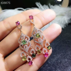 MeiBaPJ Natural Brazil Pinkycolor Tourmaline Gemstone Colorful Drop Earrings Real 925 Solid Silver Fine Charm Jewelry for Women