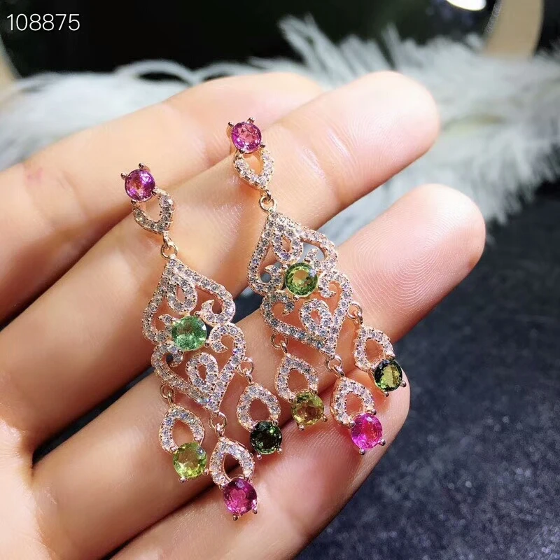 MeiBaPJ Natural Brazil Pinkycolor Tourmaline Gemstone Colorful Drop Earrings Real 925 Solid Silver Fine Charm Jewelry for Women