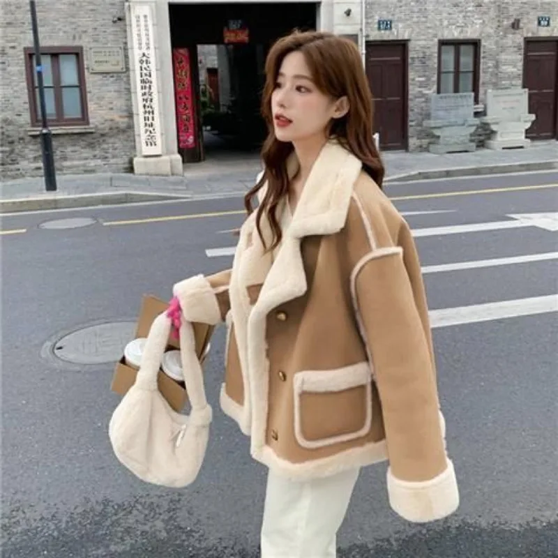 Winter Women\'s Thickened Imitation Lamb Velvet Jacket Korean Fashion Standing Collar Warm Windproof Tops Coat Motorcycle Jacket