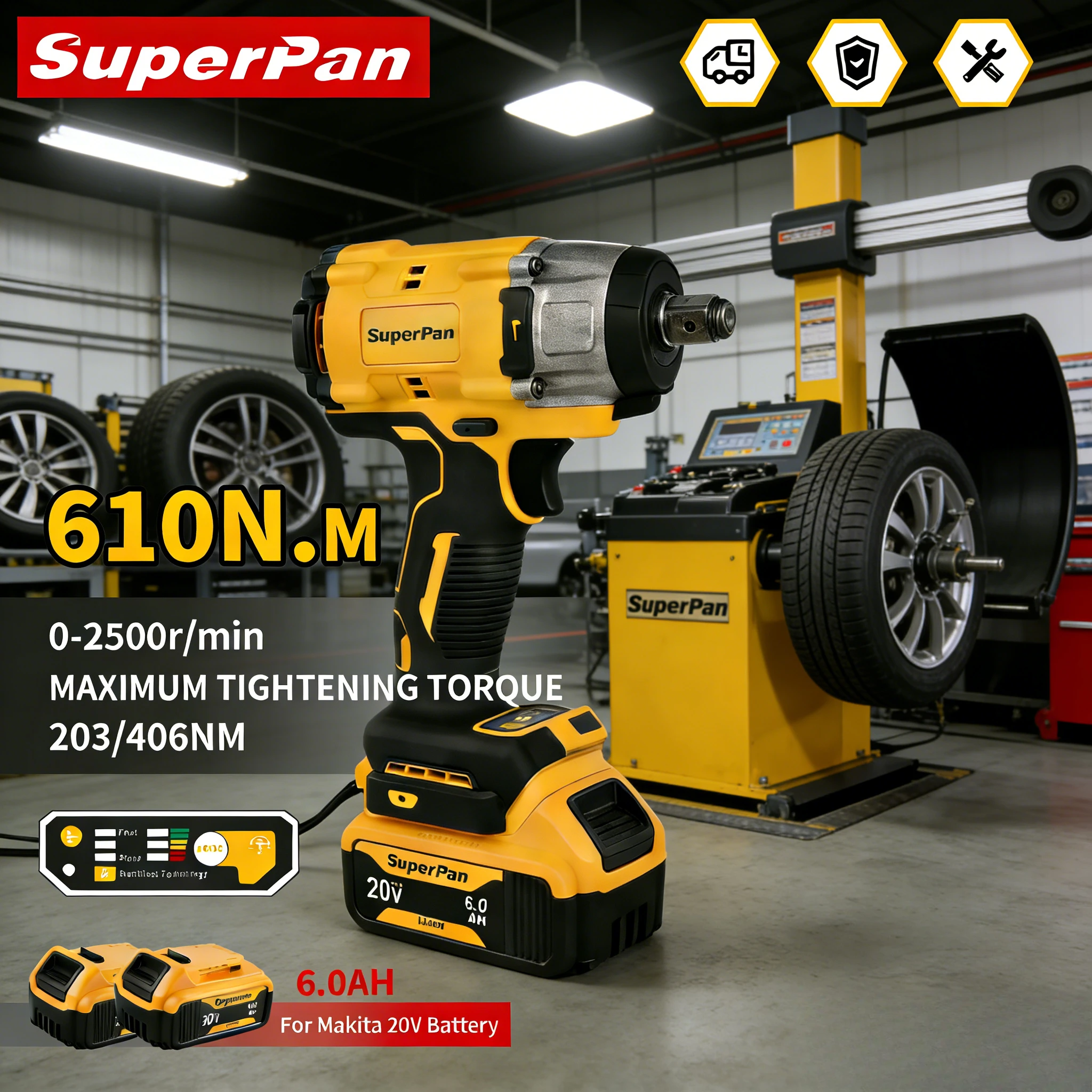 

Ударный гайковерт SuperPan с быстрой зарядкой, бесщеточная технология, высокая частота ударов, для ремонта автомобильных шин, 20В 406Нм, для аккумулятора Dewalt 20В