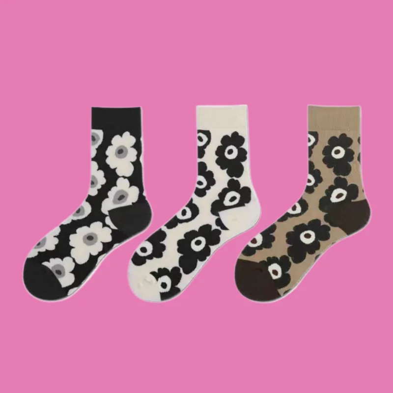 

5/10 Pairs High Quality Hyuna Style Casual Breathable Large Flower Socks Retro Four-season Comfortable Mid-tube Socks