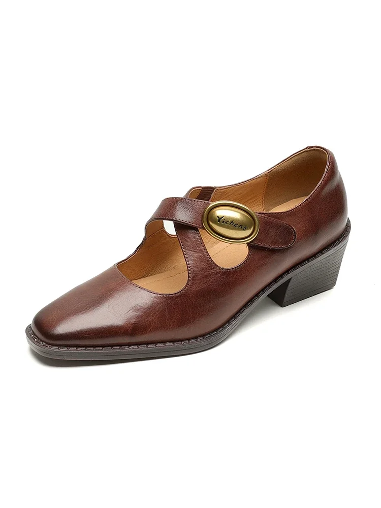 

NEW Trend Genuine Leather Women Cross Strap High Block Heels Retro Square Toe Pumps Spring Autumn Black Brown Buckle Party Shoes