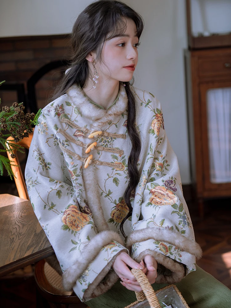 

Оновленная традиционная китайская женская верхняя одежда с вышивкой на подкладке из гипюра и цветочным принтом, круглая застежка на пуговицы