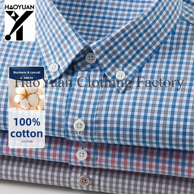 Premium 100% Cotton Anti-wrinkle Fashion Brand Slim Fit Checkered Men Shirts 2026 Designer Long Sleeve Button Down Casual Tops
