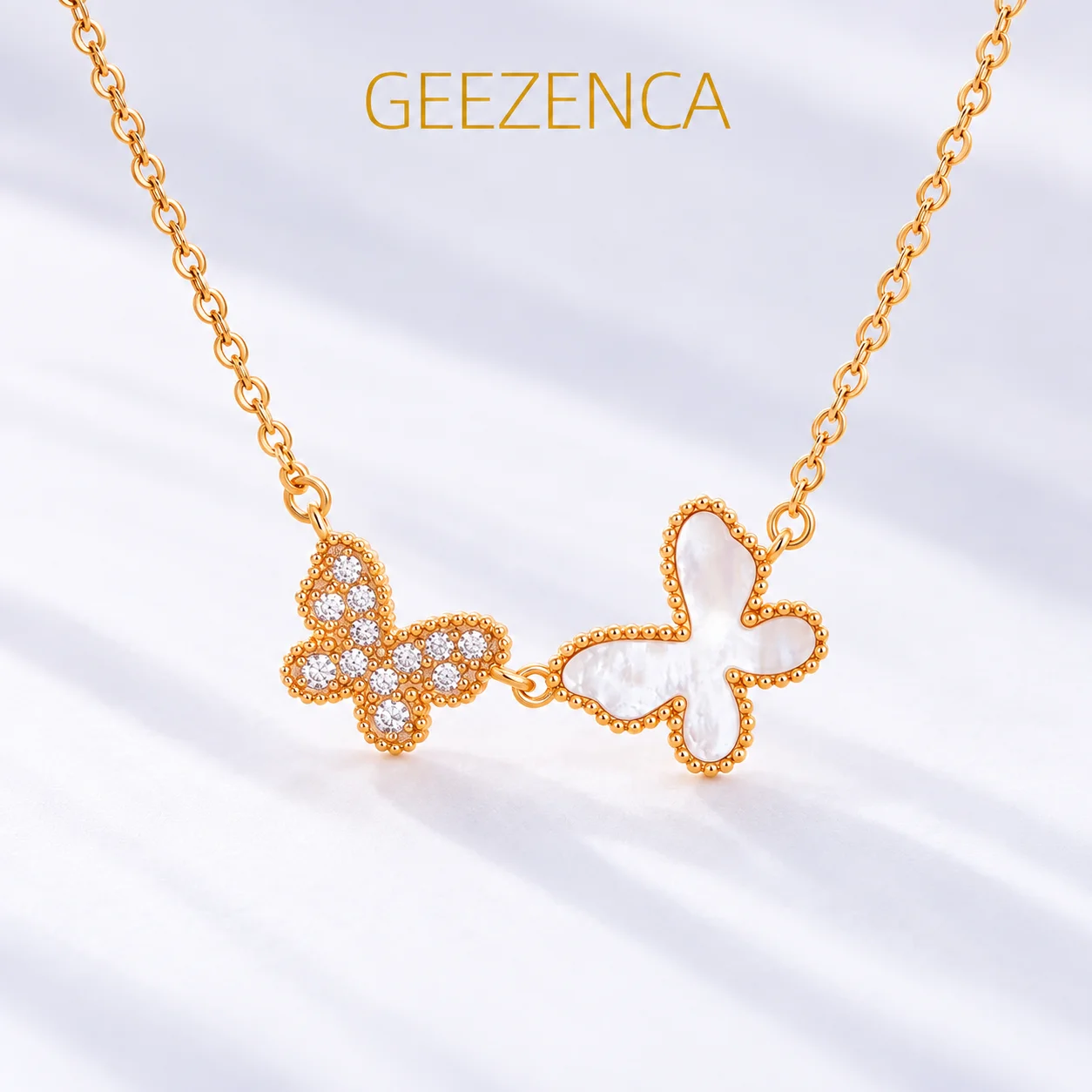 GEEZENCA 925 Silver Gold Plated White Mother of Pearl Duo Butterfly Pendant Necklace Women Sparkle CZ Dainty Layered Necklaces
