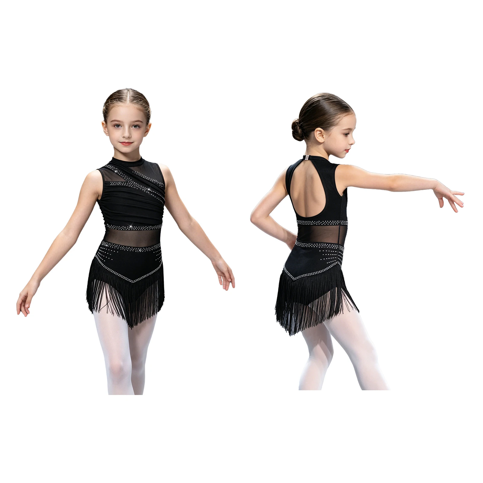 Children Girls Latin Dance Leotard Dress Shiny Rhinestones Mesh Tassel Figure Skating Ballroom Cha-cha Salsa Bodysuit Dancewear