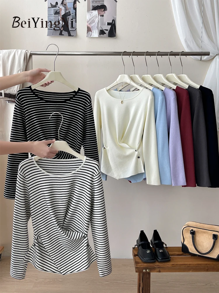 

Beiyingni 2025 New Fashion Women's Sweaters Side Buttons Autumn Winter Korean Long Sleeve Knitted Sweater Female O-neck Pullover