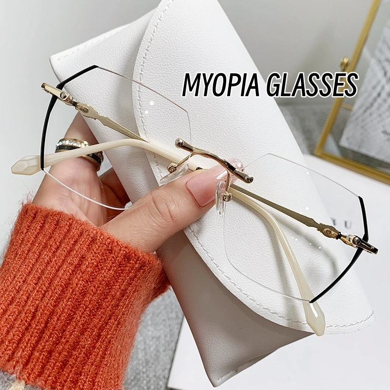 

2023 New Frameless Diamond Cut Edge Myopia Finished Glasses for Women Fashion Large Face Slimming Anti Blue Light Eyeglasses