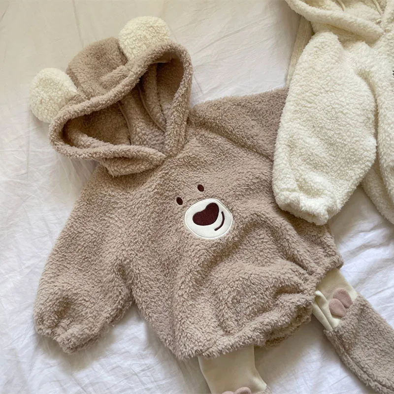 Newborn Baby Girl Boy Winter Hooded Jumpsuit Fleece Romper+Pants Infant Toddler Cute Bear Bodysuit Onepiece Baby Clothes 3-18M