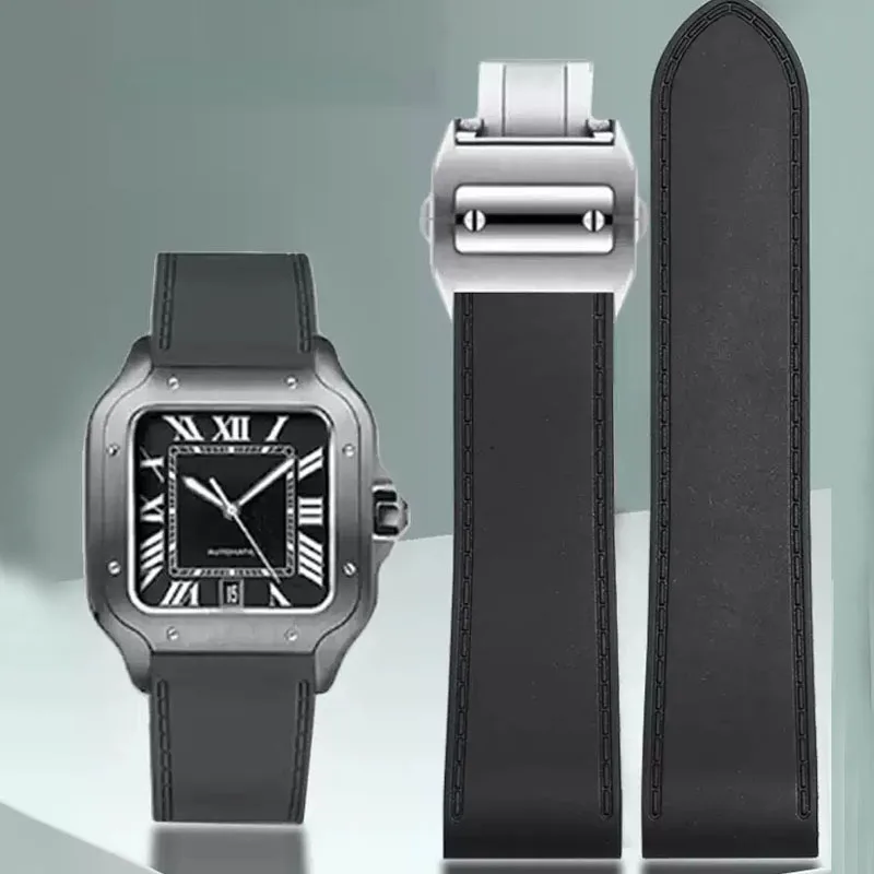 

23mm 25m For Cartier santos100 Santos silicone rubber watch strap santos 100 Metal buckle watchband men Black blue soft bracelet