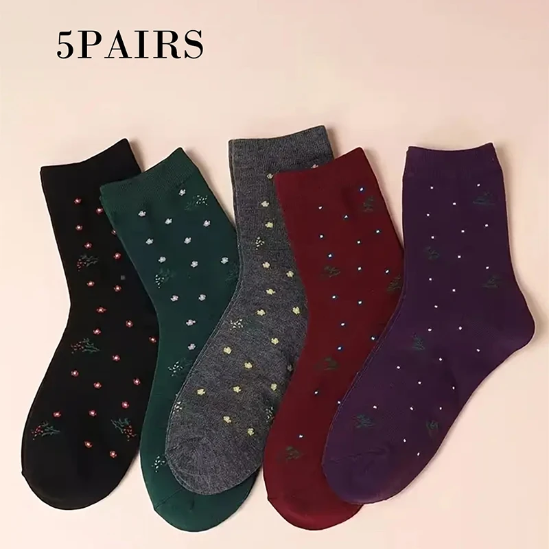 

5 pairs of autumn/winter new arrivals with floral dots, versatile, moisture-wicking, and warm mid-calf socks
