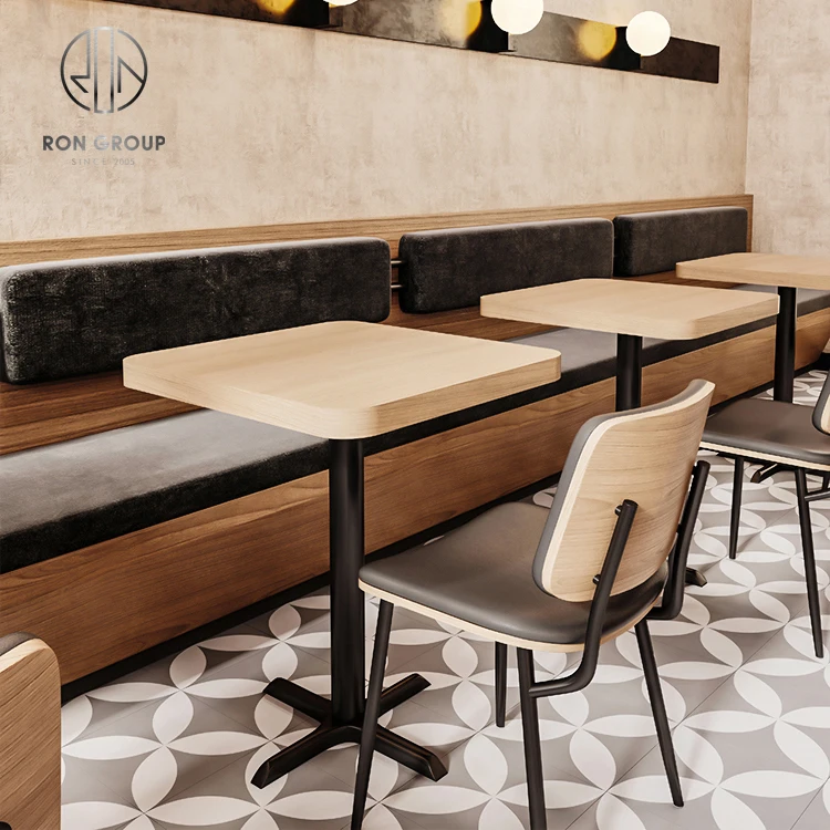 

Coffee shop fast food square cafe commercial wood leather restaurant bench sofa furniture booth seating table and chair set