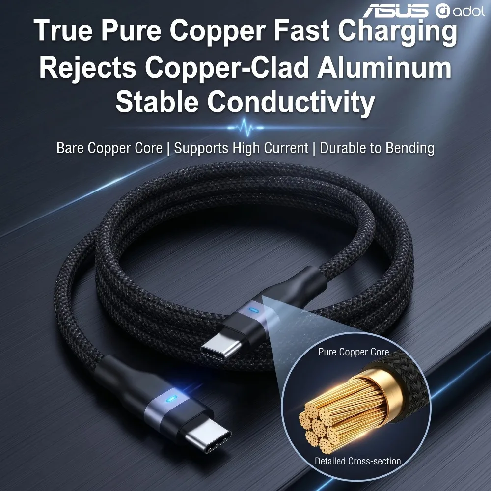 ASUS 65W Pure Copper Core Braided Fast-Charging Cable For iPhone 17ProMax/17Pro/17/16ProMax/16Pro/16/15ProMax/15Pro/15 for iPad