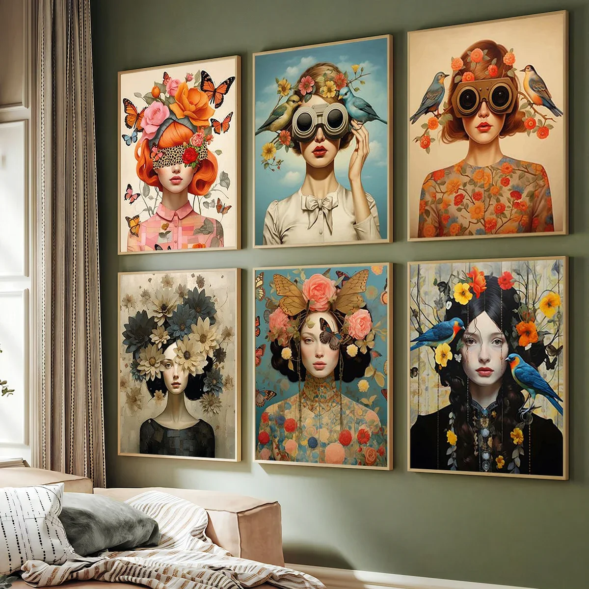 

Nordic Scandinavian Style Glasses Woman with Flowers Birds Wall Art Canvas Painting Portrait Poster Prints for Modern Home Decor