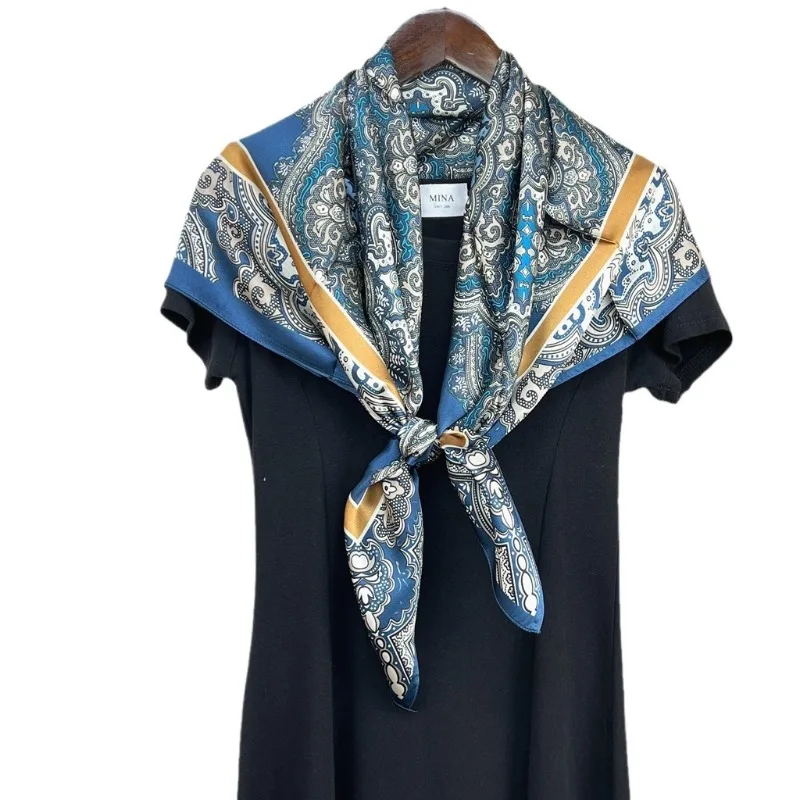 100% Mulberry Silk Women Vintage Paisley Spring Autumn 90cm Crepe de Chine Square Scarf Shawl Elegant Comfortable Skin Friendly