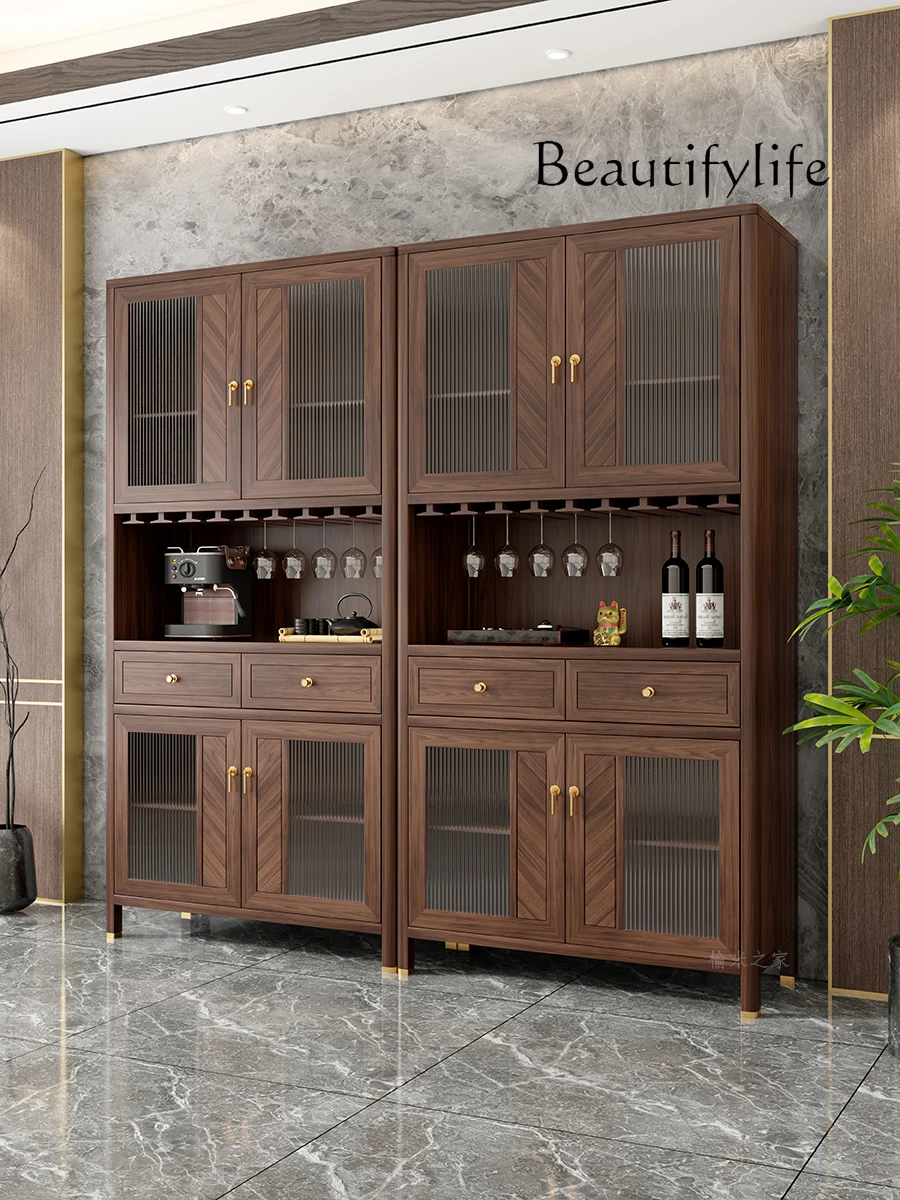 New Chinese Style Black Walnut Solid Wood Sideboard Modern Kitchen Storage Cabinet Retro Wall Wine Cabinet