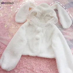 Japanese Autumn Winter Women Sweet Lolita Warm Jacket Kawaii Lambswool Ruffles Rabbit Ears Hooded Coats Girls Parkas Outwear