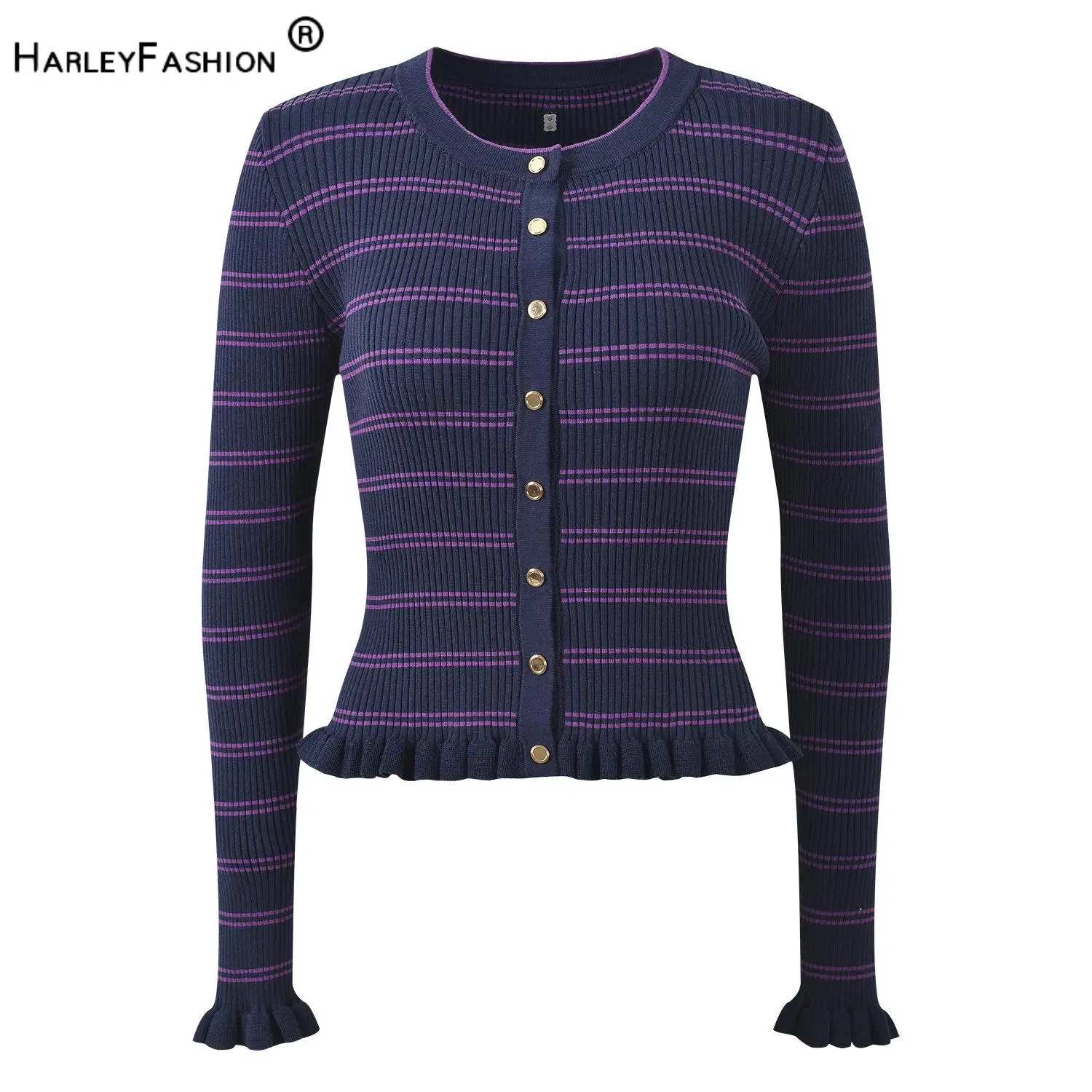 2026 Early Autumn Elegant Style Lady Colorblock Striped O-neck Long Sleeve Single-breasted Casual Wear Women Trim Knits Cardigan
