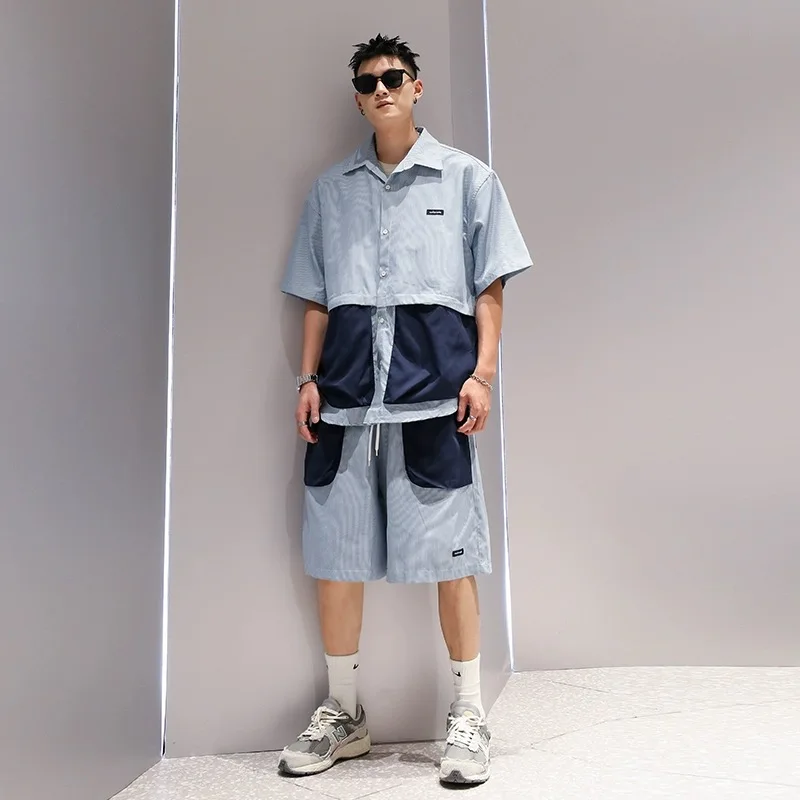 Oversize XXL Men Summer Pajamas Set Striped Patchwork Japanese Style Sets Blouse Shirts And Shorts Big Pockets Male Pajamas