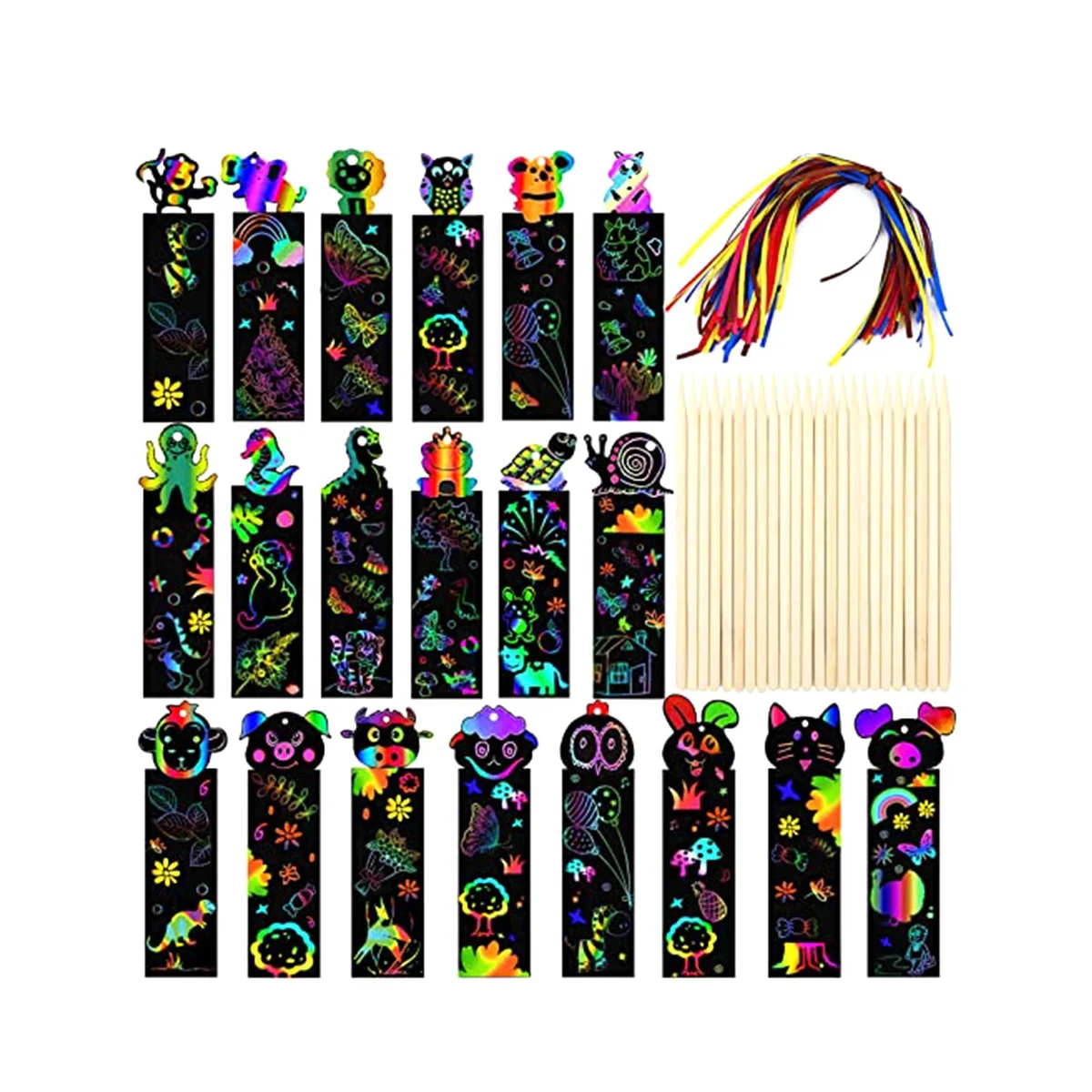 48PCS Kids Rainbow Bookmarks Party Bag Fillers Animal Craft DIY Scratch Paper Art Tags