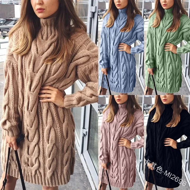 

2023 Autumn Winter New Women's Temperament Commute Knitted Solid Color Loose Pullover Twist Weave Sweater Knitted Dress