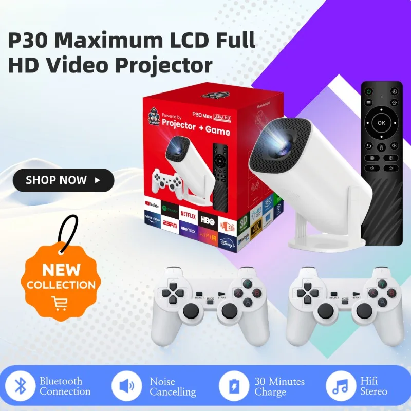 Salange P30 Max Projector HD 1080P Android 11 Proyector وحدة تحكم ألعاب الفيديو مع 2 وحدات تحكم ألعاب لاسلكية مدمجة 3000 لعبة