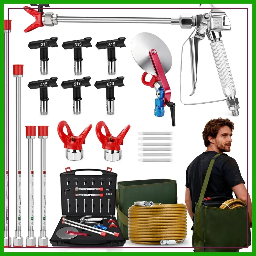 

24Pcs Airless Paint Sprayer Gun Kit, 3600PSI Spray Gun with 50ft Hose, 6 Tips, 4 Extension Rods, Filters, Guide Tool & Case