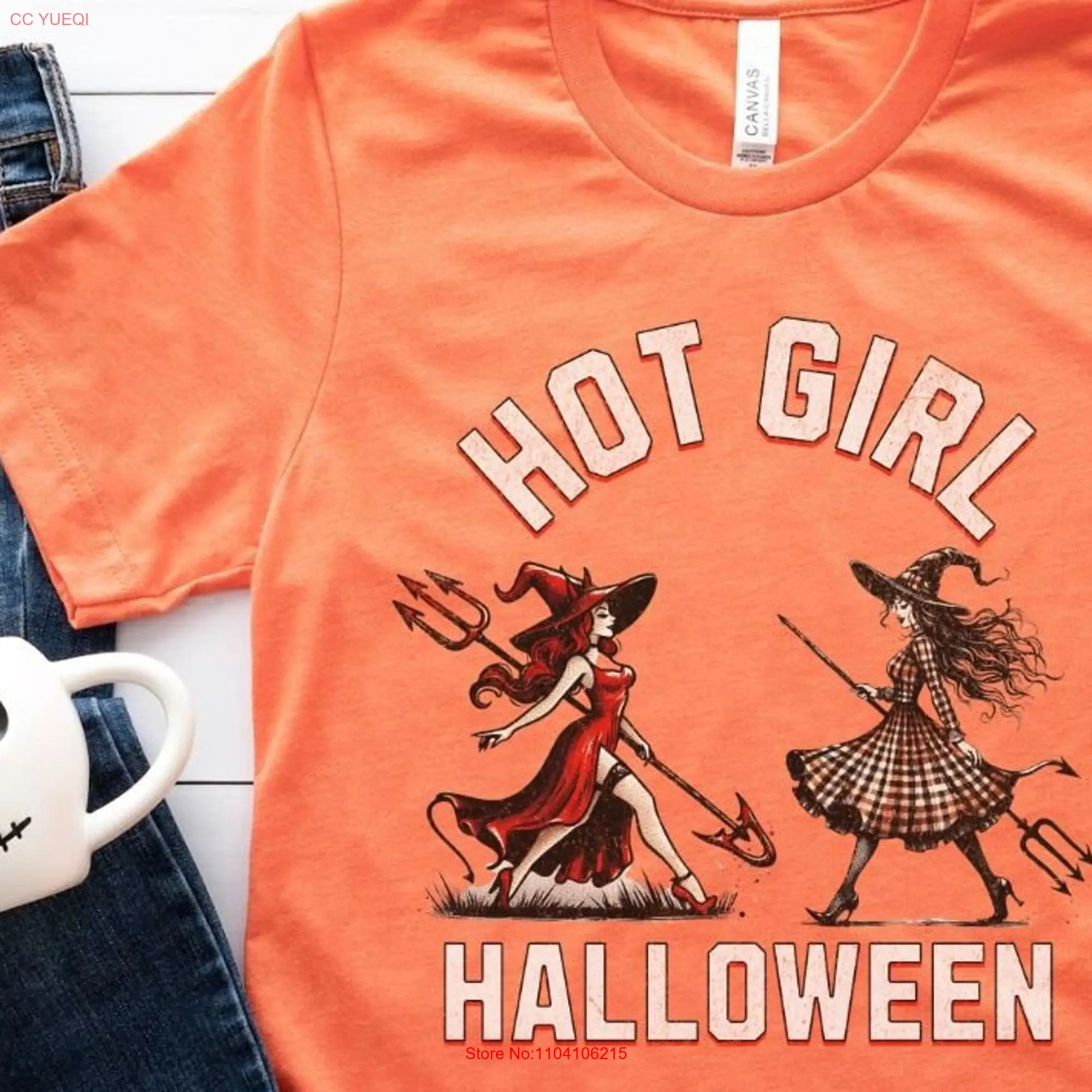 Hot Girl Halloween T Shirt She Devil Witch Feminist Burn the Patriarchy Funny Pitchforks Ghouls long or short sleeves