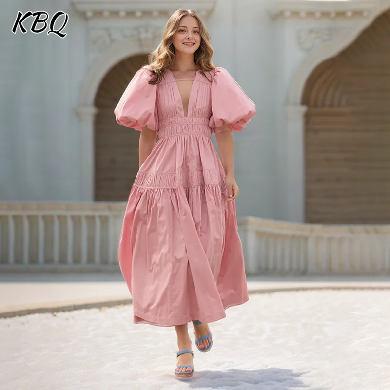 

KBQ Elegant Hollow Out Patchwork Folds Solid Dresses For Women V Neck Puff Sleeve High Waist Loose Long Dress Female Fashion New