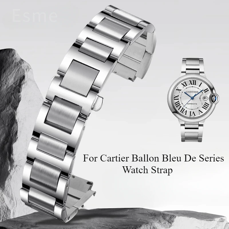 Per Cartier Ballon Bleu De Series Impermeabile resistente al sudore Interfaccia convessa Cinturino per orologio in acciaio inossidabile massiccio Multi-taglie disponibili