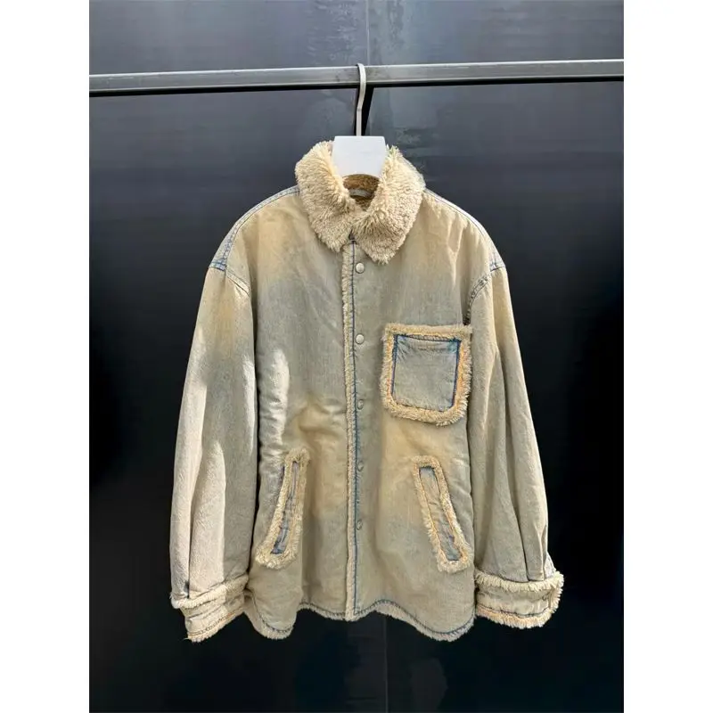 New American Winter Design Style Vintage Patch Bags Washed Fringed Edges Fleece and Thickened Cotton-padded Denim Jacket Trendy