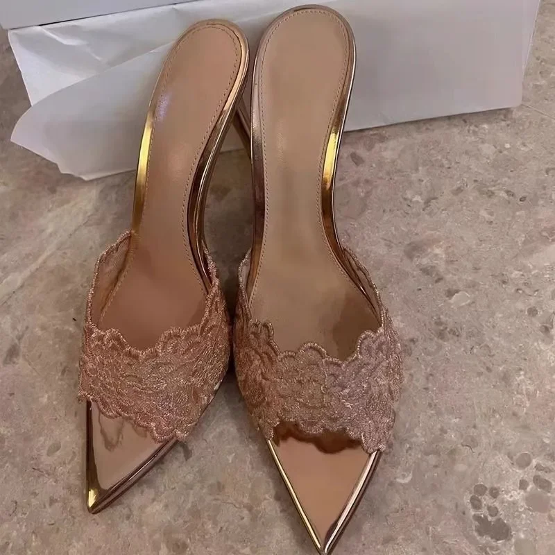 

Pointed Banquet High Heels Women 2026 Spring New Arrival Embroidered Stiletto Shoes Champagne Gold Embroidered High Heel Sandals