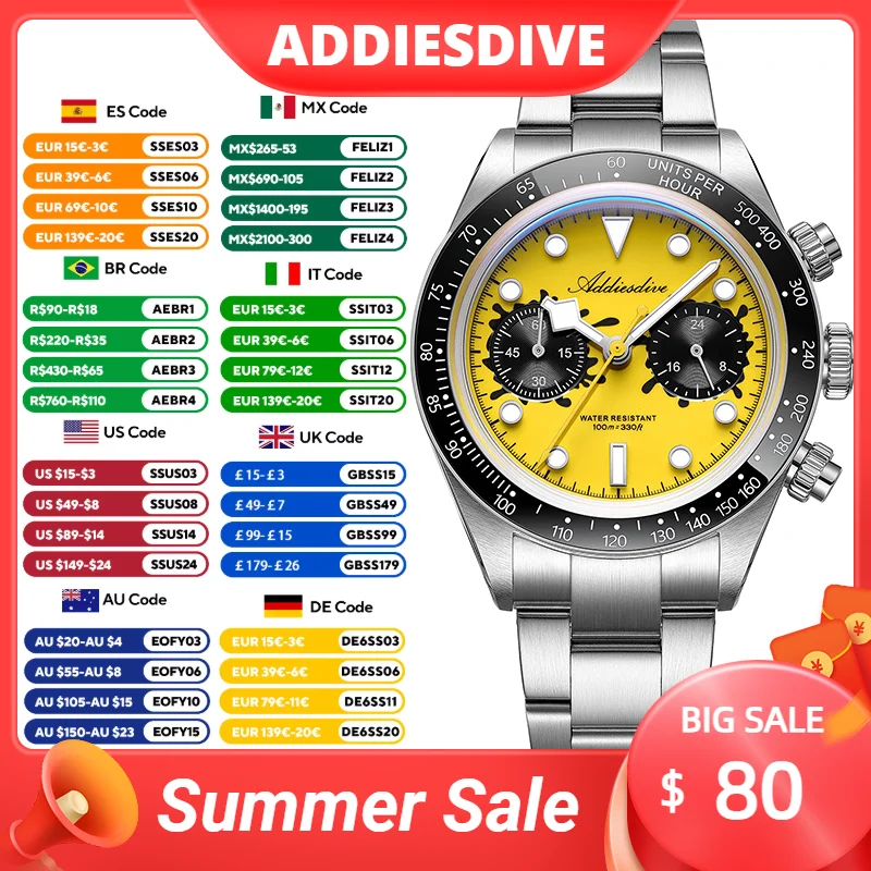

ADDIESDIVE New Luxury Chronograph Watch VK64 Colorful Dial Quartz Ceramic Bezel 10Bar Waterproof Sport AD2520 Men's Wristwatches