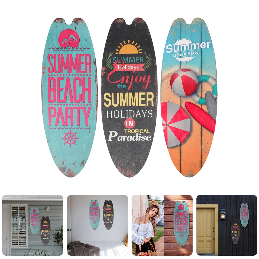 

3 Pcs Beach Decoration Wooden Surfboard Wall Sign Hanging Plaque Decorations Vintage Pool Outdoor