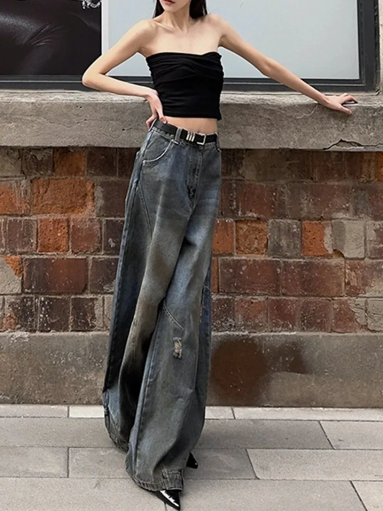 HOUZHOU-pantalones vaqueros holgados de estilo coreano para mujer, ropa de calle estilo Grunge, Harajuku, gótico, Vintage, Y2k, 2000