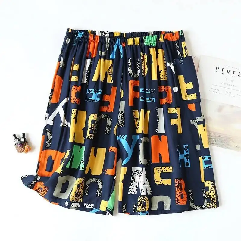 

Летние мужские хлопковые вискозные пижамы с принтом, тонкие 5XL, свободная пляжная одежда большого размера, повседневные домашние мужские пижамные шорты