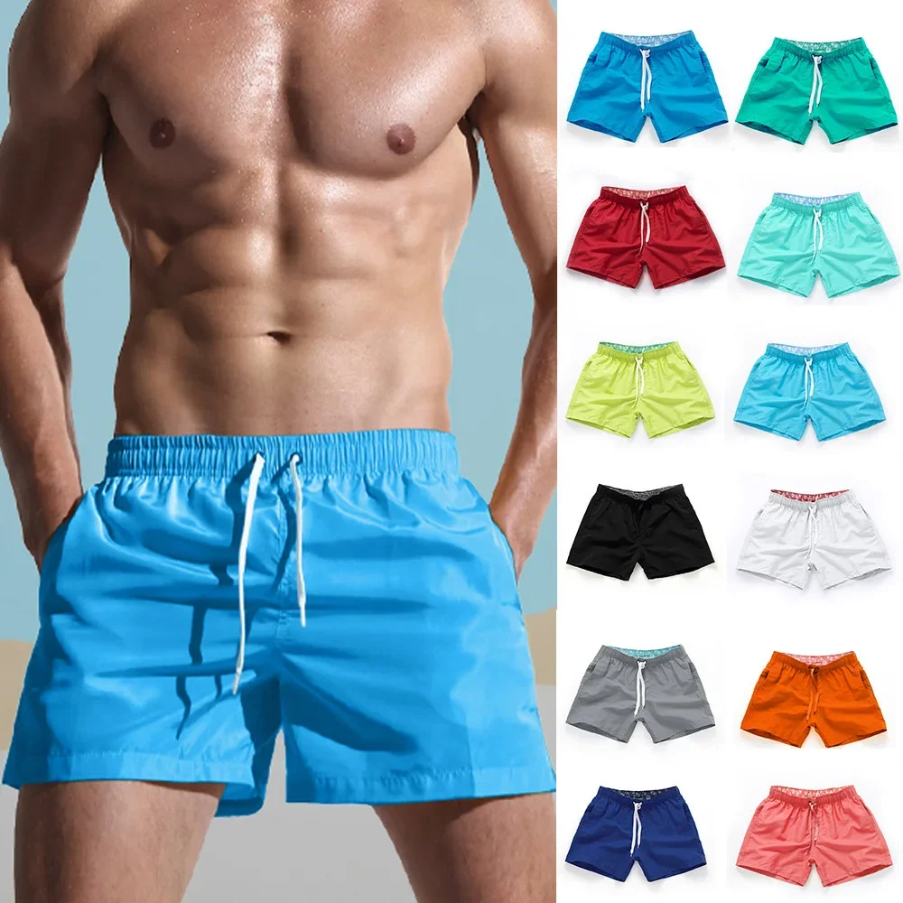 

Mens Swim Trunks with Mesh Lining Side Pockets Solid Beach Shorts Quick Dry Lightweight Drawstring Board Shorts Summer Swimwear