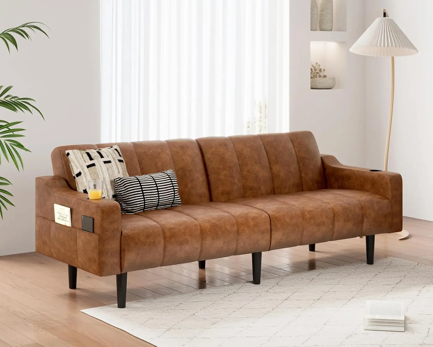 

Кожаный диван-футон 80 дюймов, диван-кровать из искусственной кожи с регулируемой спинкой, 2 подстаканника и боковые карманы, в стиле модерн