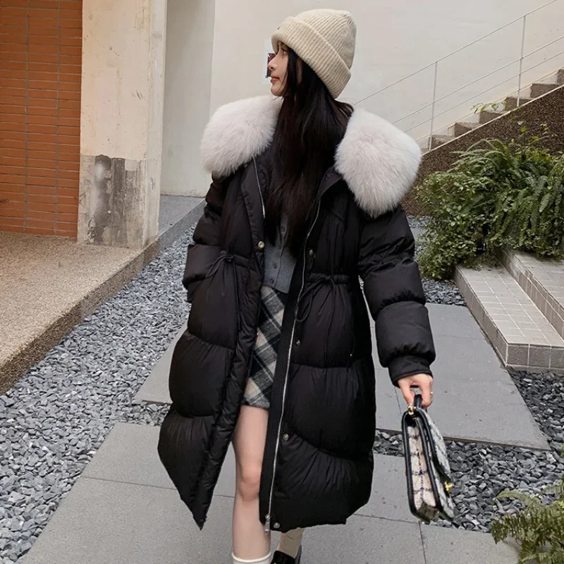 Women's Removable Fox Fur Collar Waist-slimming Down Jacket, 90 White Duck Down, Thick Warm Long Fur Coat, Winter, New, 2024