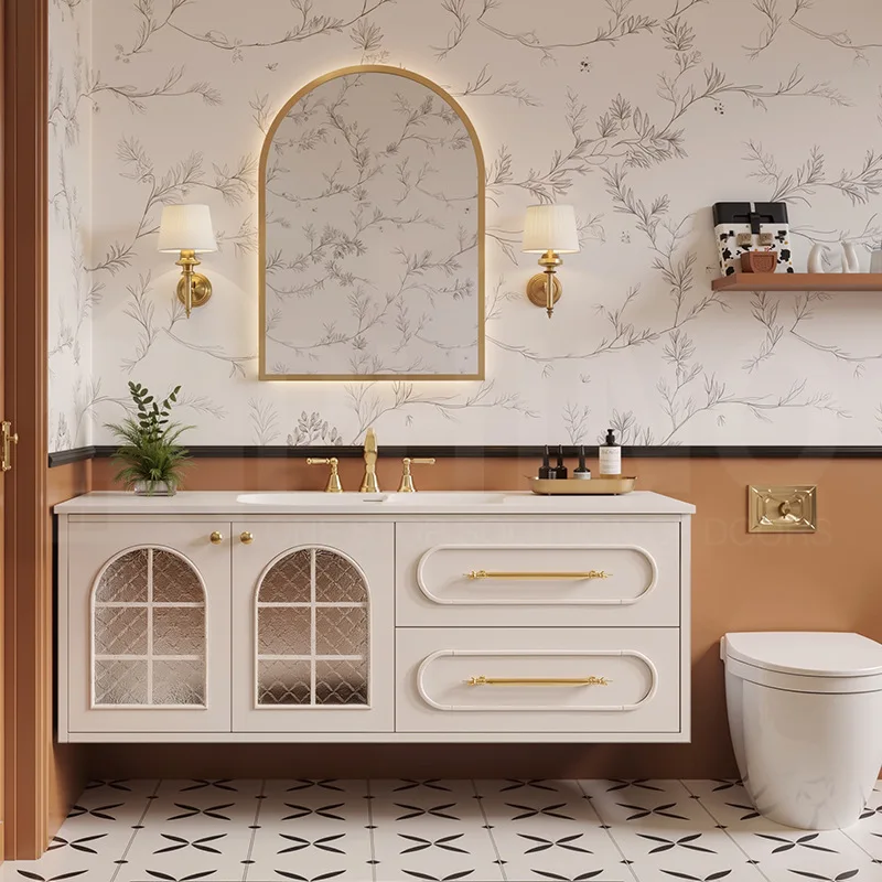 

French retro, rattan, bathroom cabinet, solid wood waterproof, washing table ceramic integrated
