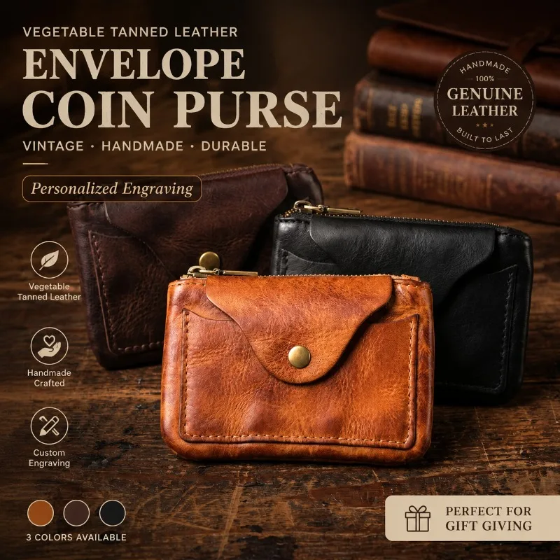 New Slim Leather Coin Purse Snap Button Card Holder Handmade Vintage Cowhide Wallet Minimalist Wallet Custom Engraved