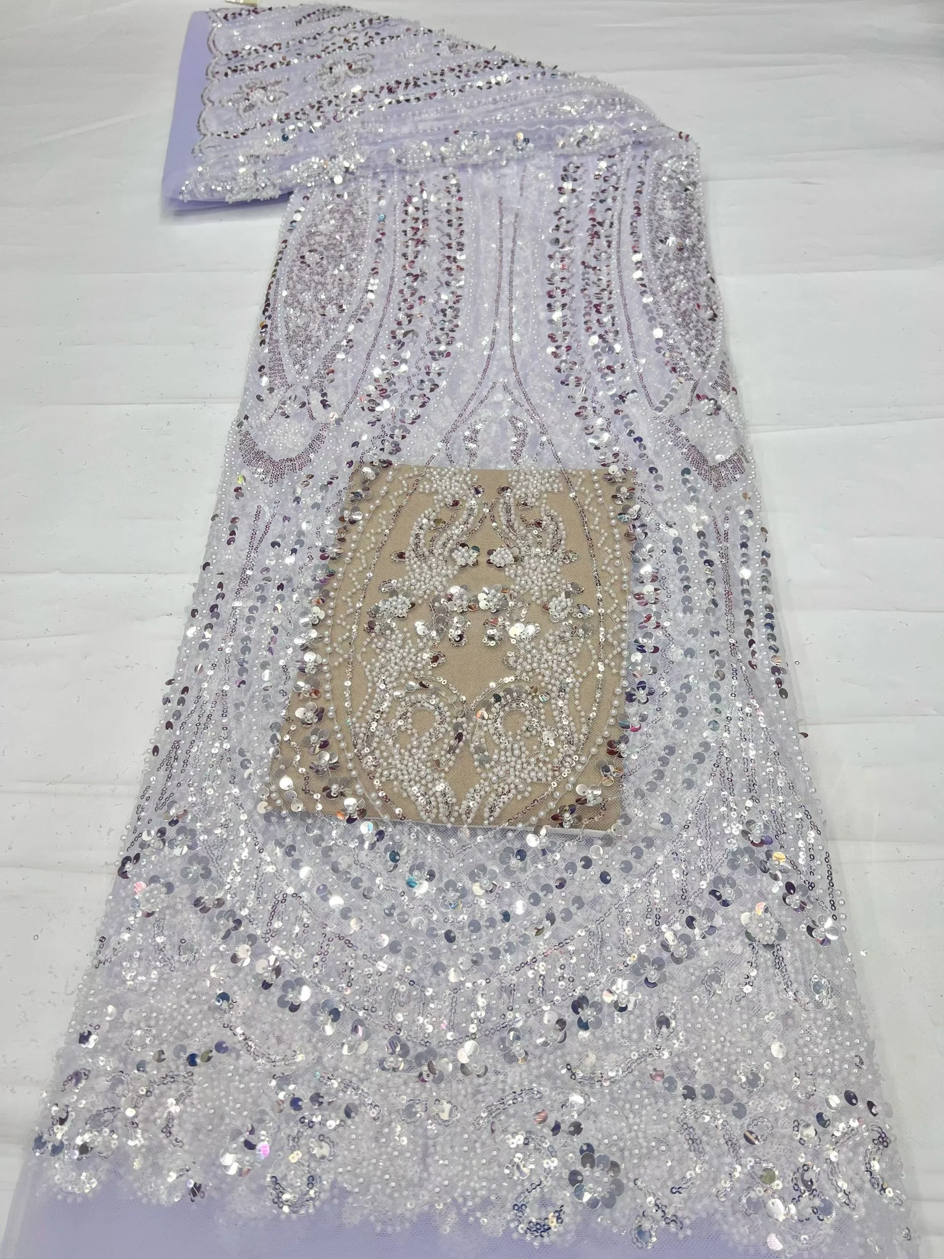 Top Grade Handcut African Nigerian Sequins Tulle Lace Fabric Sewing Net Cloth Prom Dresses Beads Embroidery High Quality HD117