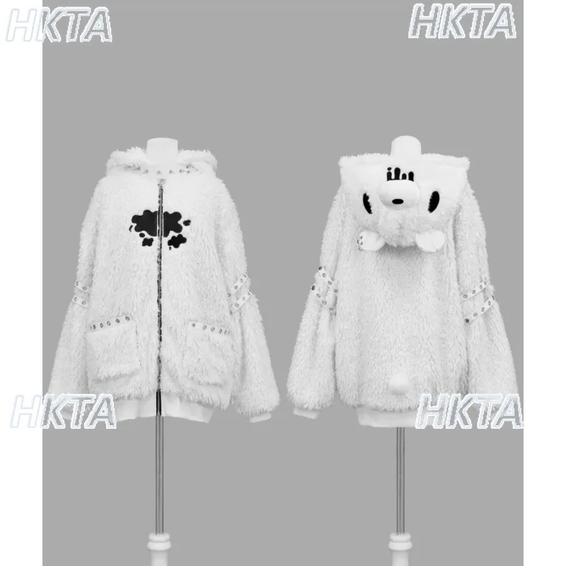Japanese Cute Embroidered Plush Hooded Coat Medium Long Coats Winter New Subculture Y2k Goth Sweet Loose Cool Fur Jacket Women