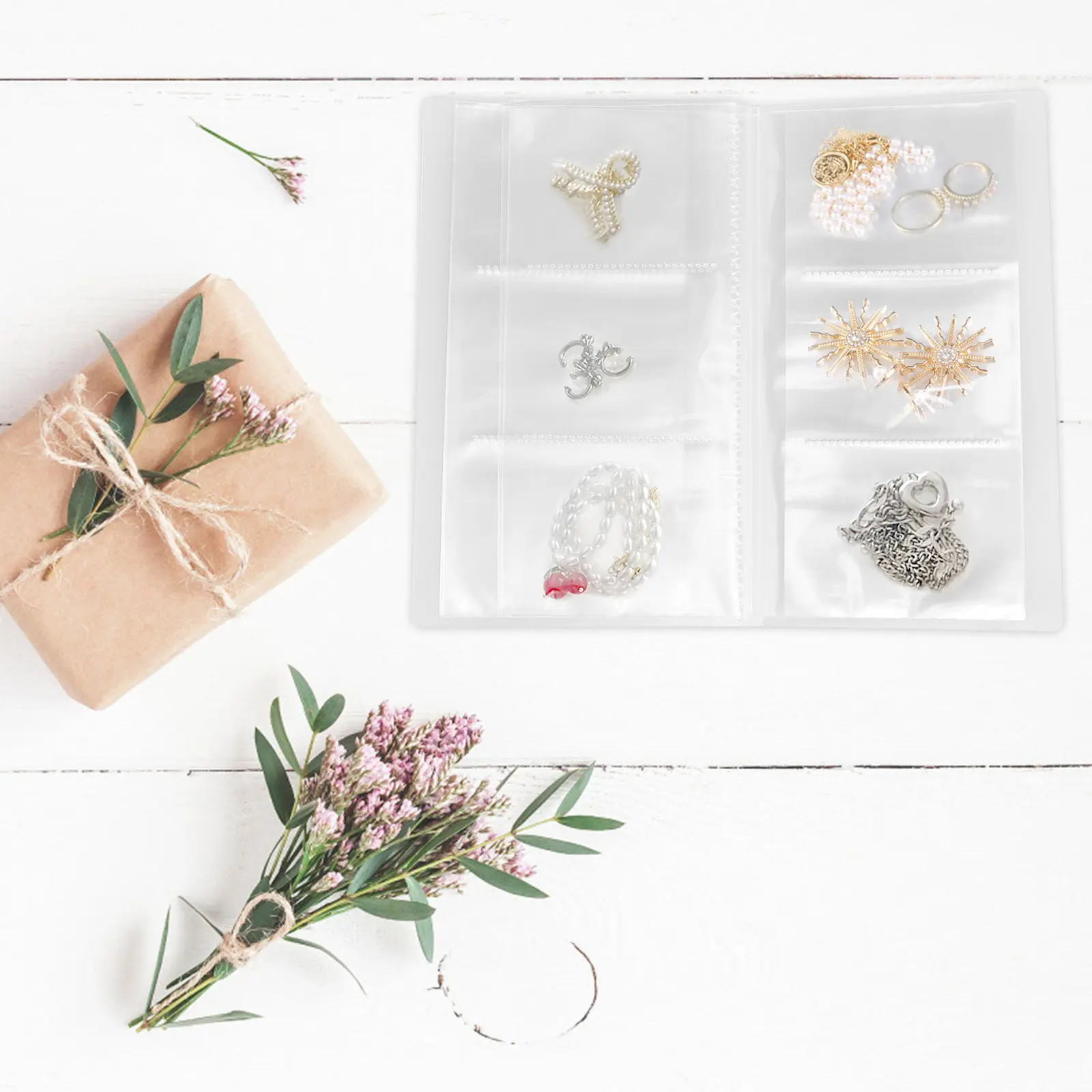 

Photo Album Style Jewelry Organizer Transparent Plastic Storage Bag for Earrings Necklaces Rings Hair Accessories Travel Desk