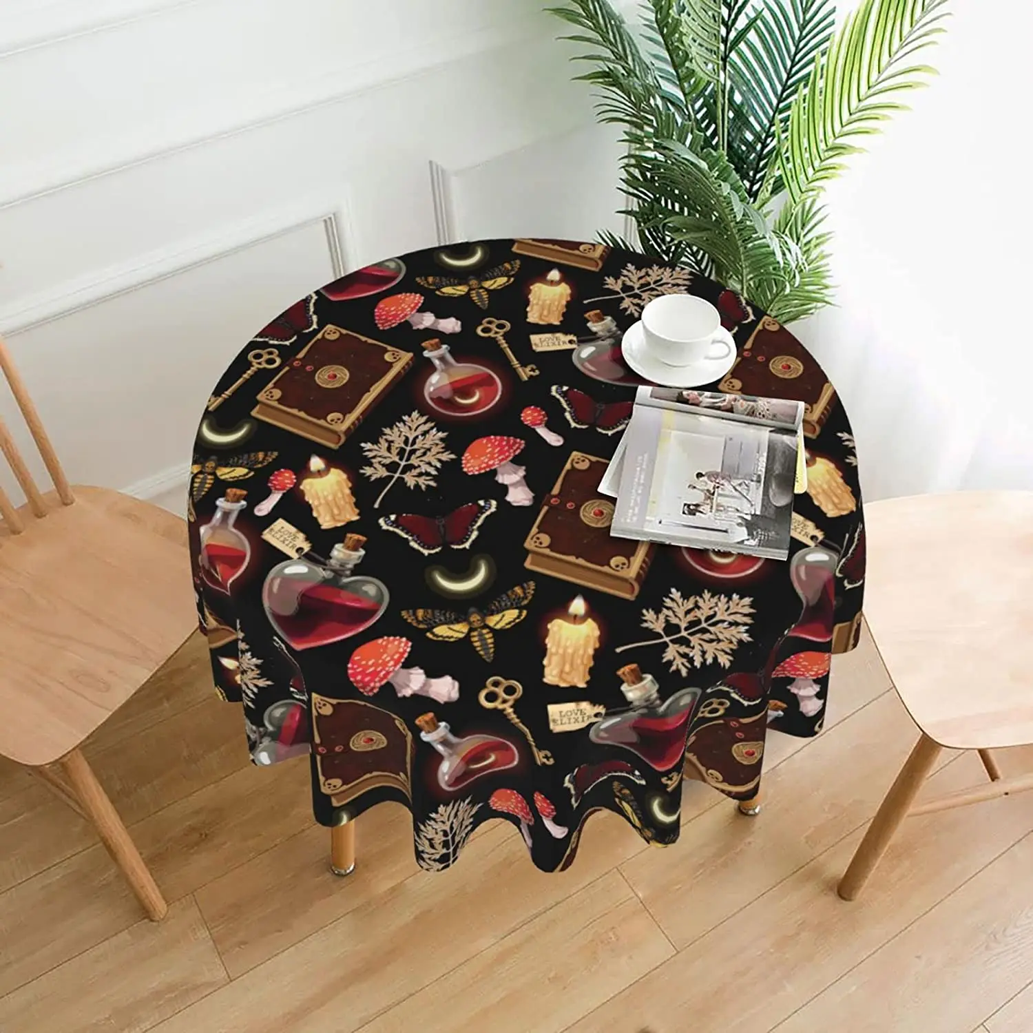 Gothic Butterfly Mushroom Magic Round Table Cover Polyester Stain and Wrinkle Resistant Table Cloth for Kitchen Dining Coffee