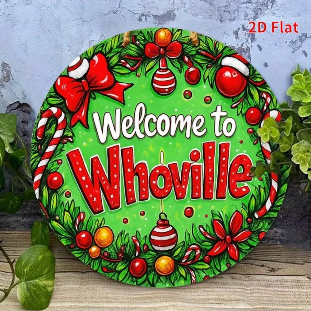 قطعة واحدة - مرحبًا بكم في لافتة حديدية مستديرة ذات طابع Whoville مقاس 7، 8 بوصات - ديكور عيد الميلاد الاحتفالي مع بيت خبز الزنجبيل وصب الحلوى والحلي