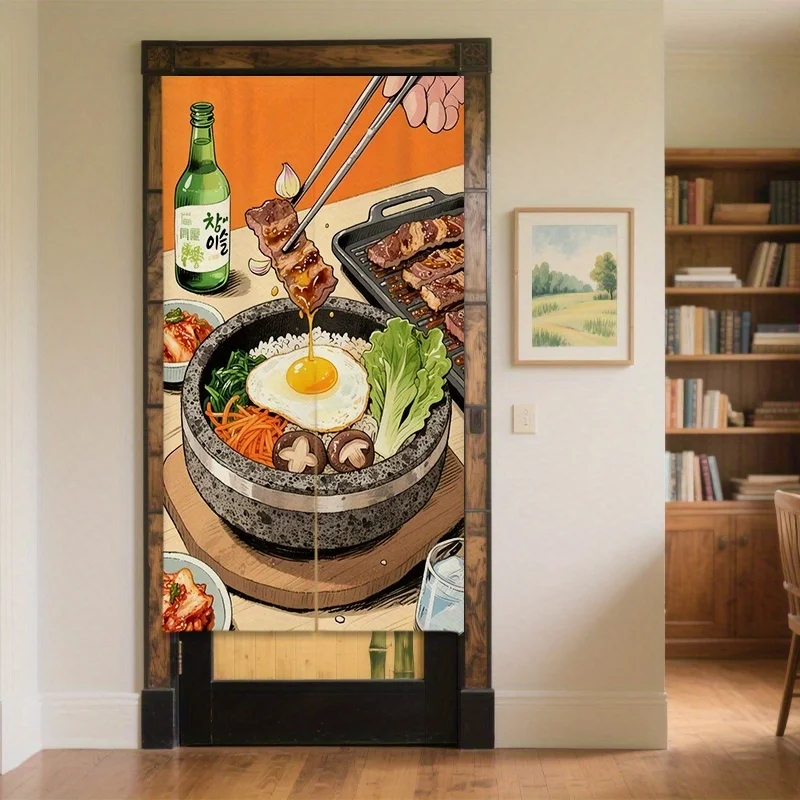 korean bibimbap stone pot food art noren door curtain spicy delicious linen half panel kitchen dining decor Elevate Your Space